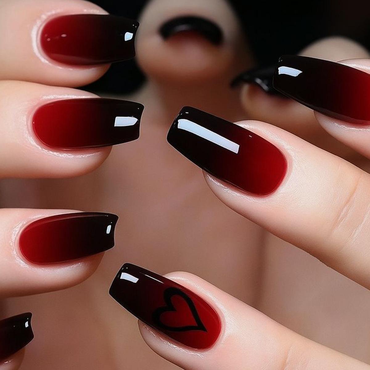

Valentine s Day Medium-Length Reusable False Nails - Black Red Gradient Ballet Shape with Heart Print