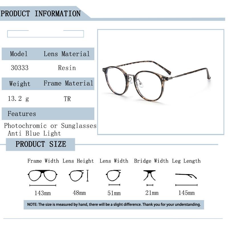 Stylish Design Women Leopard Round Shape Frame Anti Blue Light Prescription Lens Custom Nearsighted Glasses Shade Color Shift 0 to -600