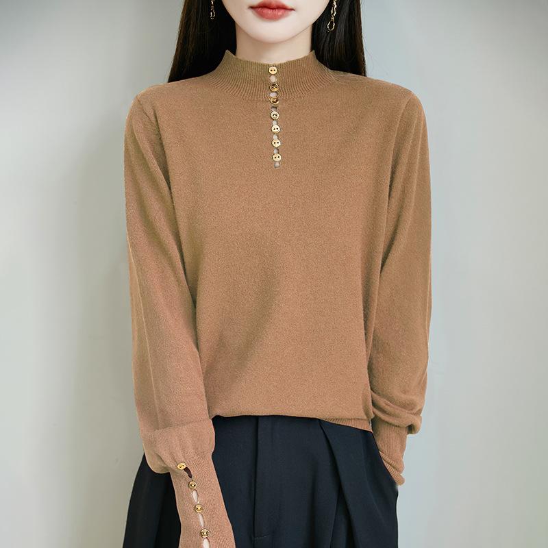 A Fashionable Semi-high Neck, Versatile Design Base Layer, Solid Color Loose and Warm Knitted Sweater for Women