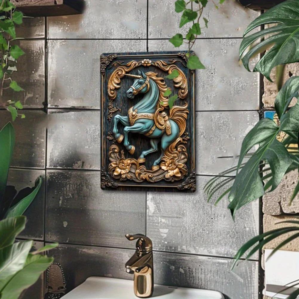 Blue Horse Metal Wall Art Vintage Embossed Aluminum Sign for Living Room