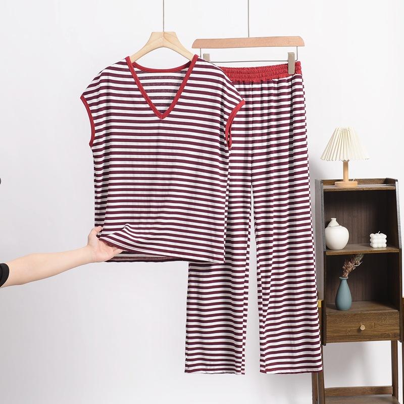 Frühlings- und Sommer-Neues Retro-Gestreiftes V-Ausschnitt Kurzarm-Shorts-Set, Locker und Lässig Übergröße Dünne Hausbekleidung