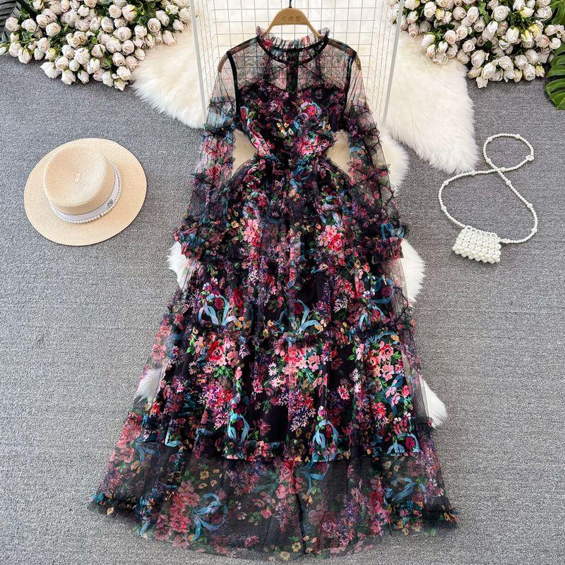 

Accessible Luxury Long Sleeves A- line Dress Elegance Wide Hem Gauzy Color L