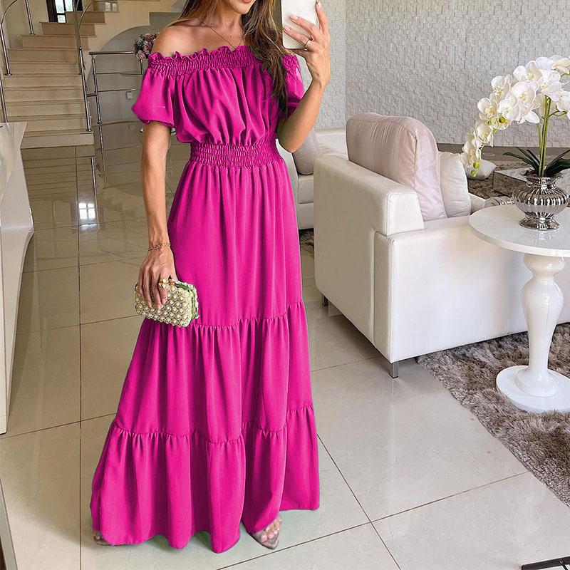 Off Shoulder Maxi Dress Short Sleeve Smocked Elastic High Waist Tiered Ruffle Flowy A-Line Casual Beach Vacation Daily Wear Solid Color Long Dress