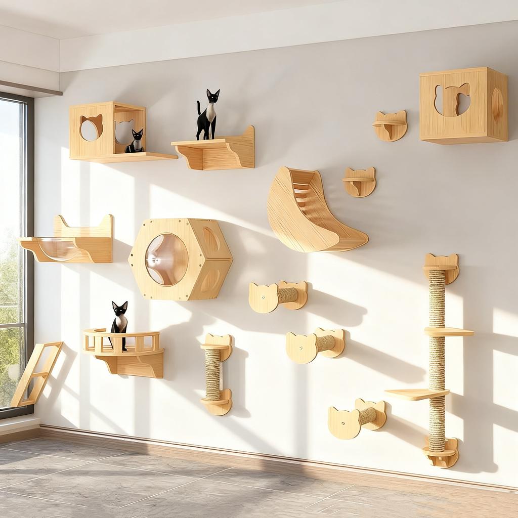 Wooden Cat Climbing Shelves Wall Mounted Cat Tree Sisal Scratching Post Pedal Hammock Indoor Kitten Playground Cats Accessories