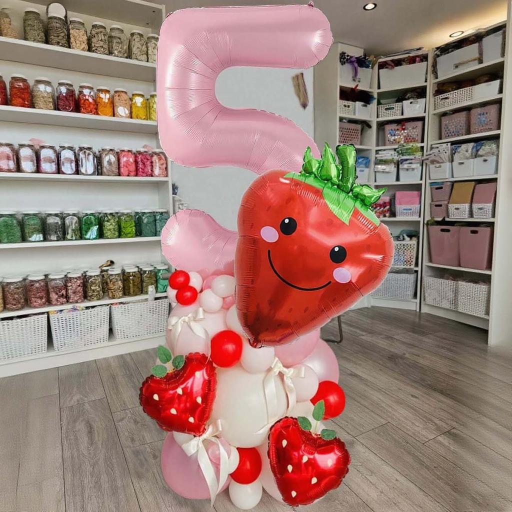 Strawberry Digital Balloon Numbers 0-9 Strawberry Love Aluminum Film Pink White Red Balloon for Anniversary Birthday