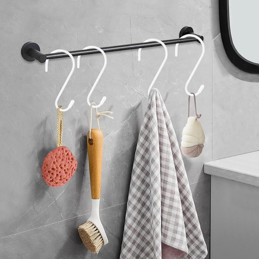 4 Pack Large White Stylish Non Slip Rust Resistant Heavy Duty Metal Steel S Hooks, 6 inch Vinyl Coated, Hanging Closet Kitchen Garage Bathroom