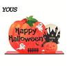 Wooden Pumpkin Haunted House Signs Halloween Table Centerpiece, Creative & Ghost Tabletop Decor Desktop Ornament for Dining Tiered Tray Shelf