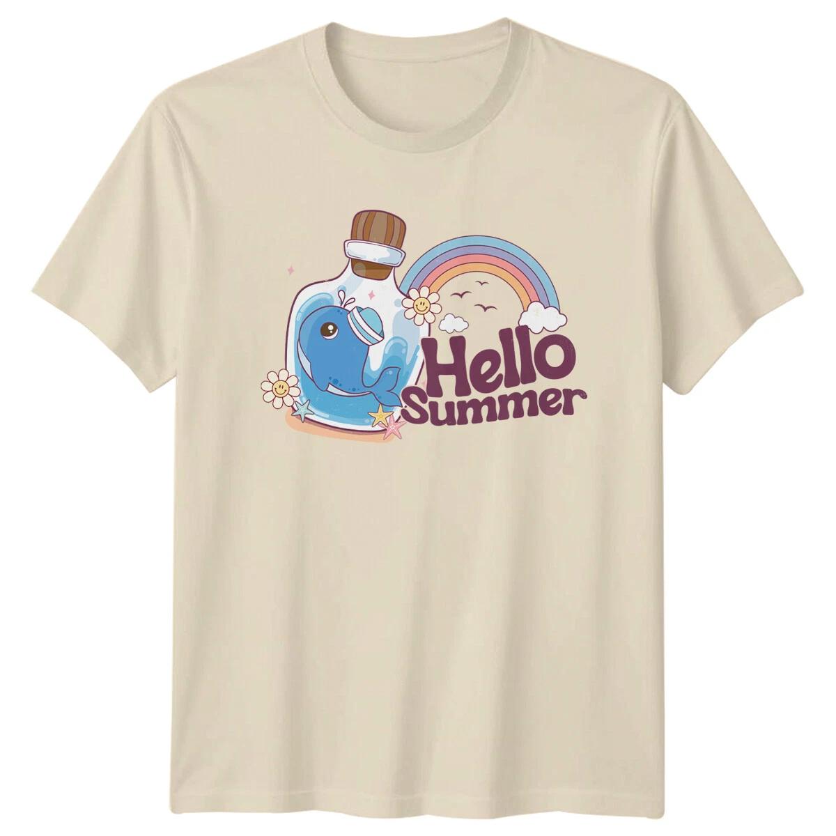 Hello Summer Whale In Bottle T-Shirt, Retro Rainbow Summer Tee XL
