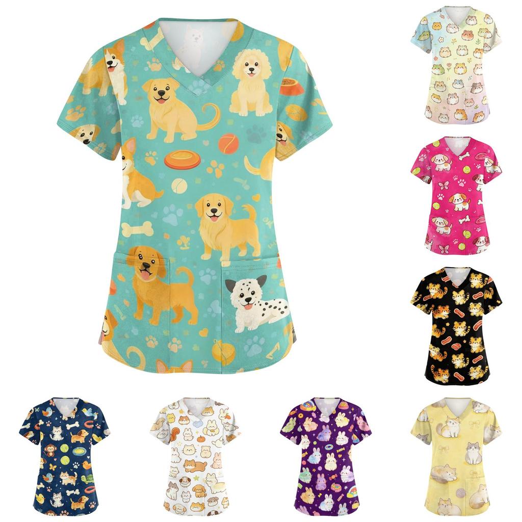 Women's V Neck Short Sleeve Work Top with Pockets Animal Print Scrub Shirt for Healthcare Professionals Medical Uniform