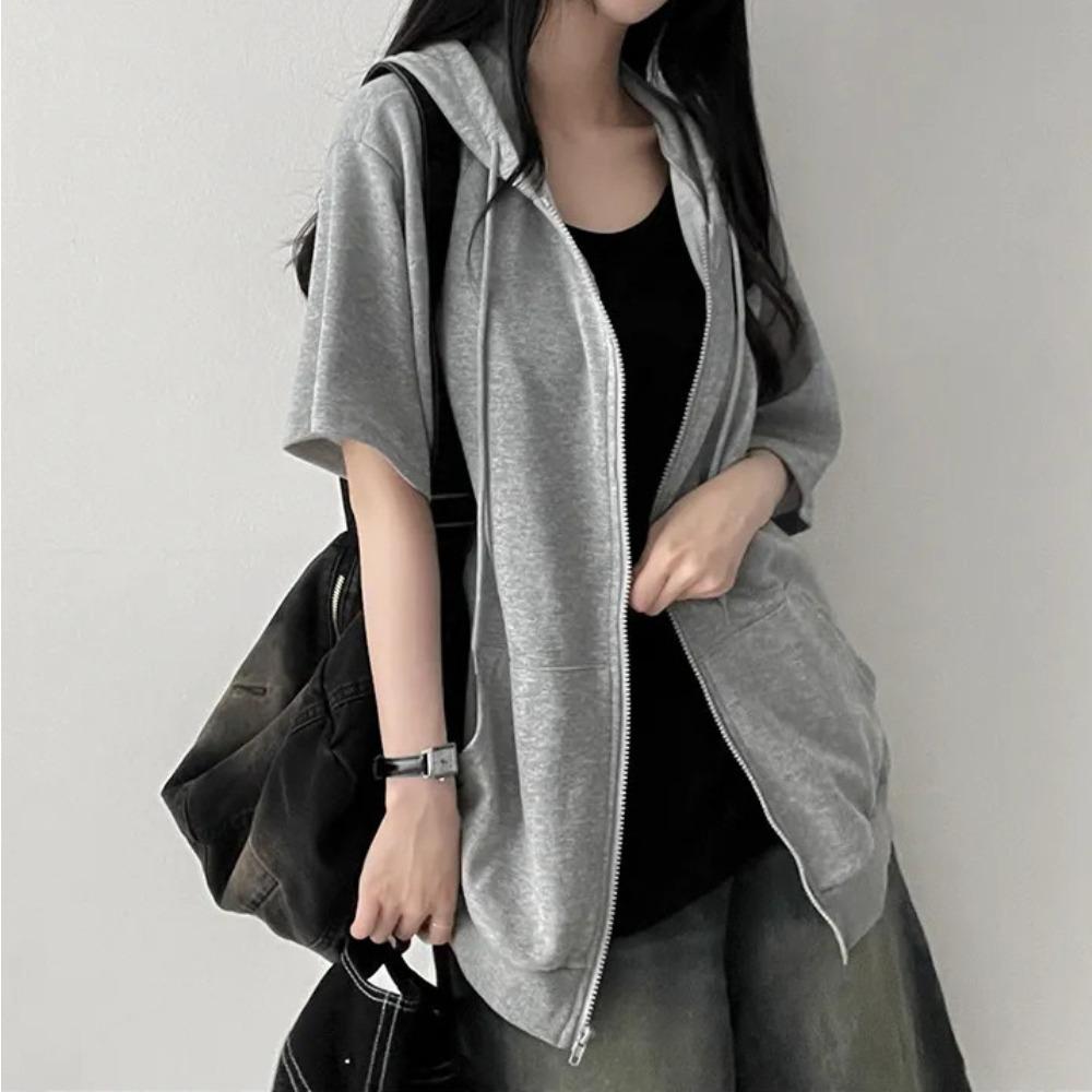 Women's Hooded Short Sleeve Cardigan Loose Fit Lazy Style Zip Up Jacket Casual Sweatshirt Top