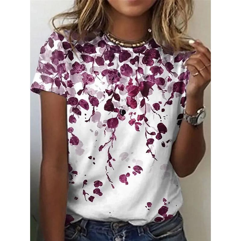 Summer Round Neck 3D Flower Print Top Fashionable Casual Short Sleeved Women's T-shirts