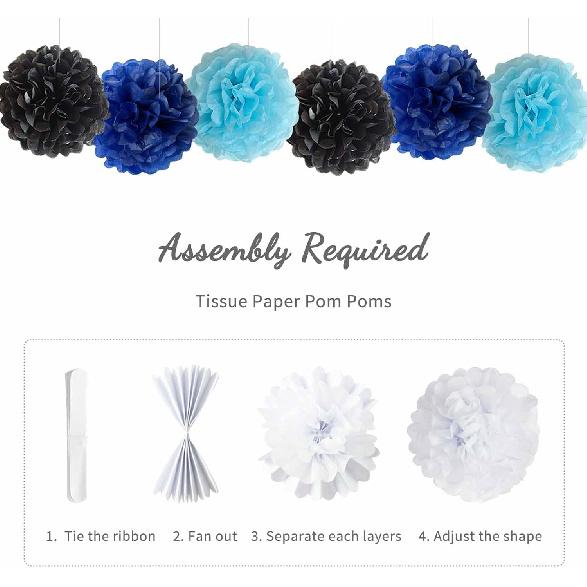 ANSOMO Blue and Black Happy Birthday Party Decorations for Boys Men Banner Balloons Navy Royal Light Blue Pom Poms Foil Curtain Décor Supplies 13th