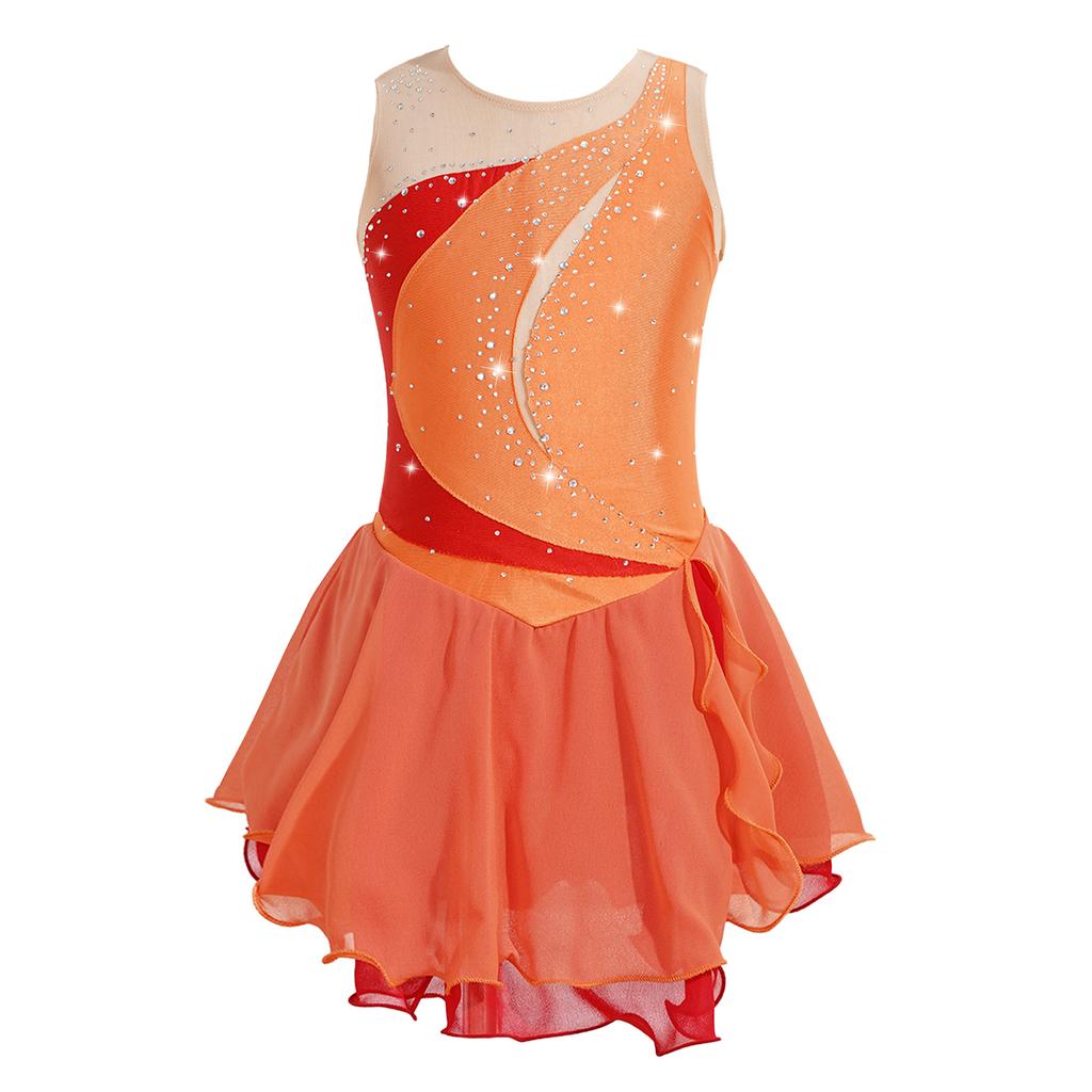 Figure Ice Skating Dress for Girls Sleeveless Glitter Rhinestone Chiffon Patchwork Ballet Dress Gymnastics Leotard Dancewear