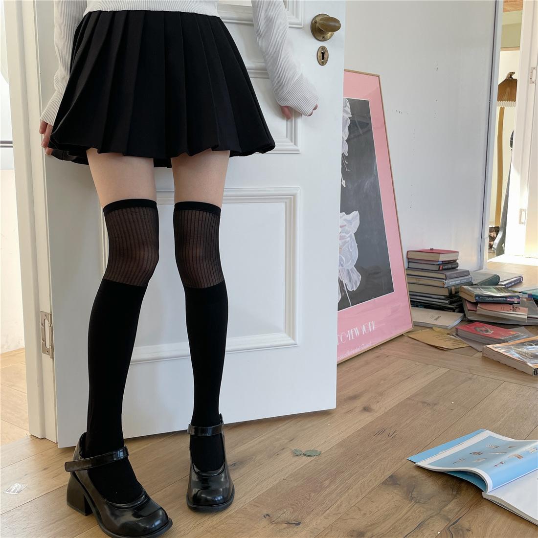 

Тонкие вертикальные полоски в стиле Лолиты, длинные черные шелковые гольфы для девочек, сексуальные высокие женские носки чёрный