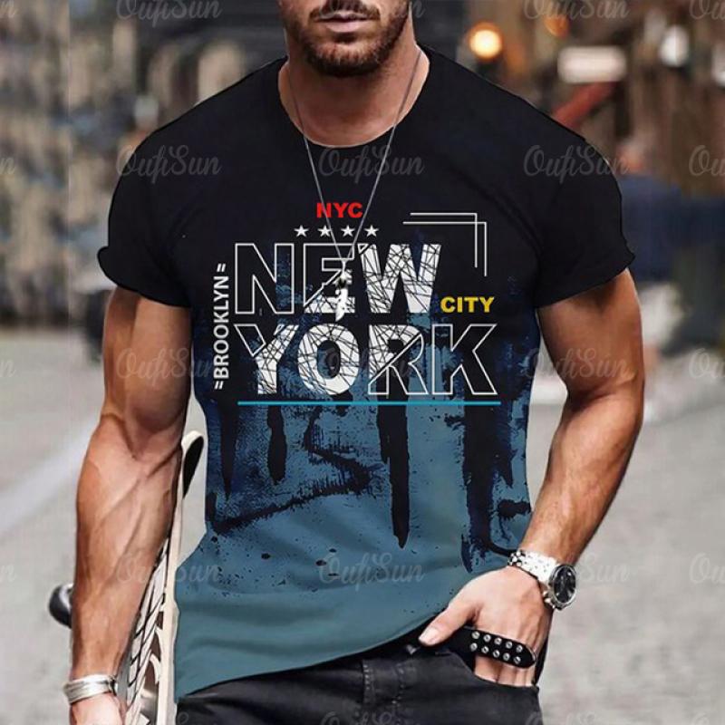 Men's T-shirt NEW YORK Alphabet Print Gradient Casual Comfy Short Sleeved Tees For Summer Oversized Men's Clothing Tops Outdoor