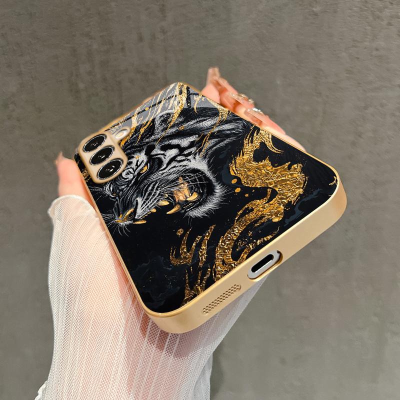 Black Gold Tiger Pattern 2D Phone Case for Samsung S26 S25 S24 S23 S22 S21 S20 A56 - Golden Metal Paint Glass Protective Cover