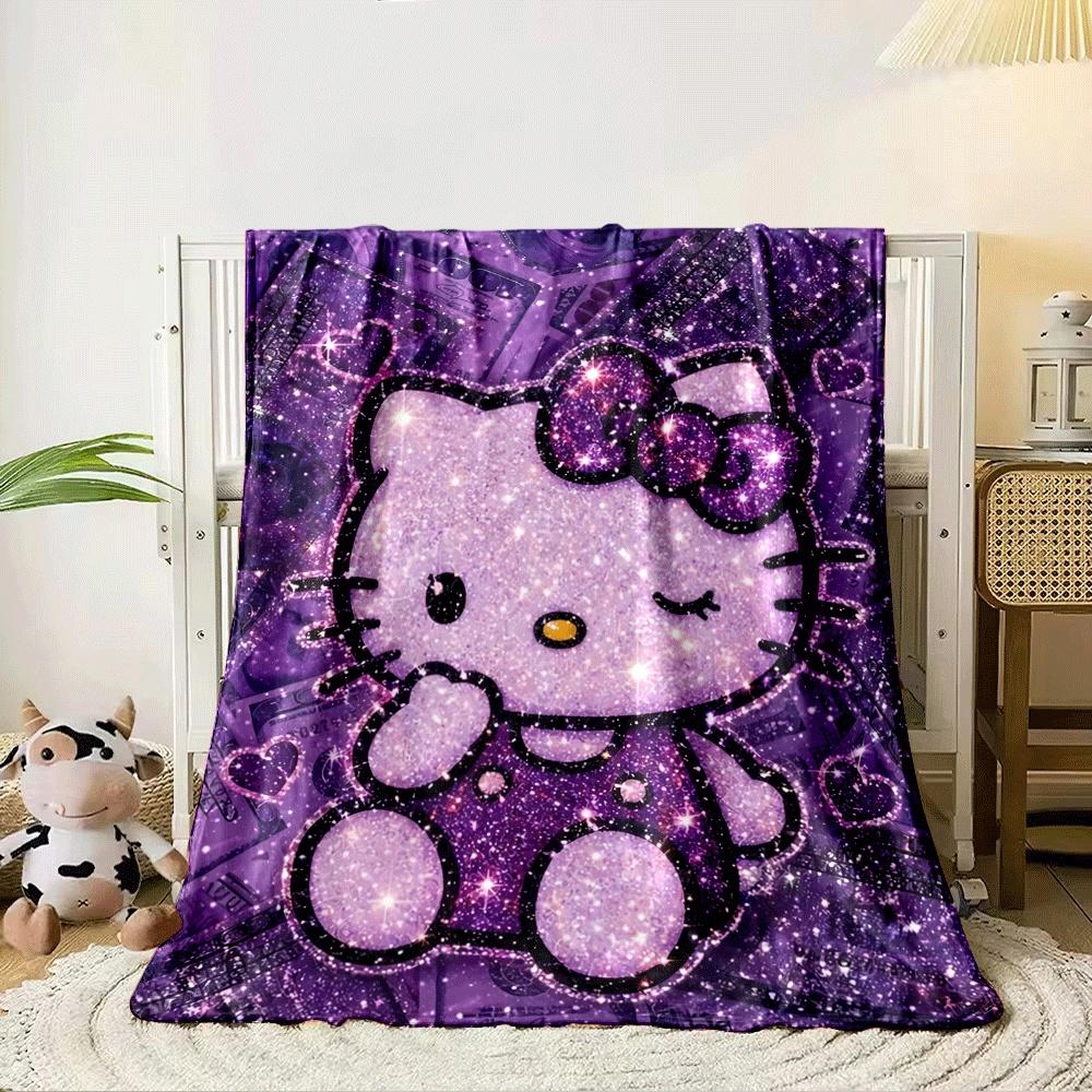 A glittery Hello Kitty figure on a purple backdrop with dollar bills. for all seasons blanket lunch break throw gift 80cm x 120cm