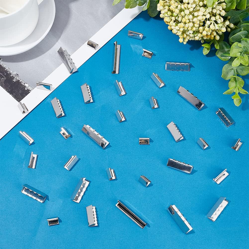 PH PandaHall 42pcs Crimp Fasteners 6 Sizes Ribbon Ends Platinum Leather Ribbon Crimps Brass Belt Buckle End Tip for Clothes DIY Leather Craft Belt