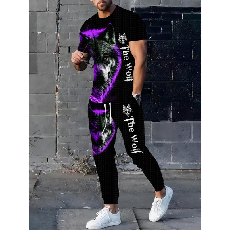 Men's 3D printed animal wolf head pattern short-sleeved round neck T-shirt summer clothing set