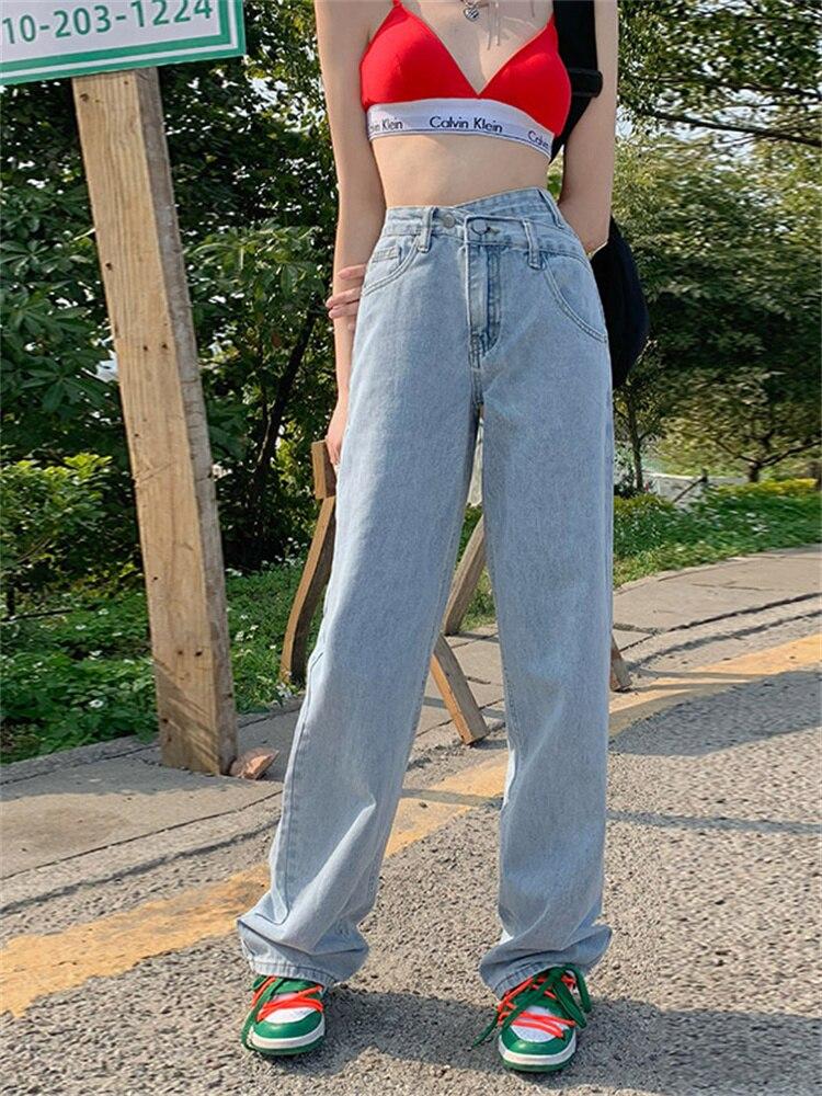 

Универсальные широкие брюки в уличном стиле, джинсы на весну и осень, корейские свободные джинсы с высокой талией, женские прямые тонкие драпированные джинсы XL светло-синий