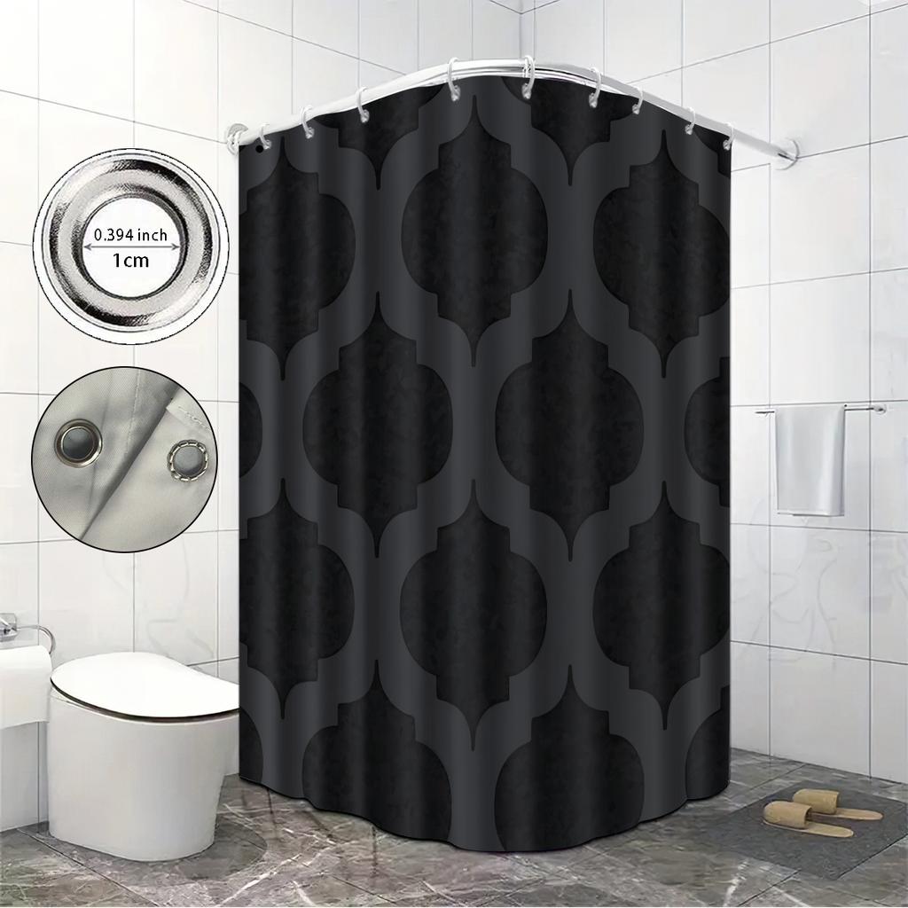1pc Geometric Print Waterproof Black Shower Partition Privacy Hanging Curtain with 12 Hooks Multiple Sizes Easy Installation