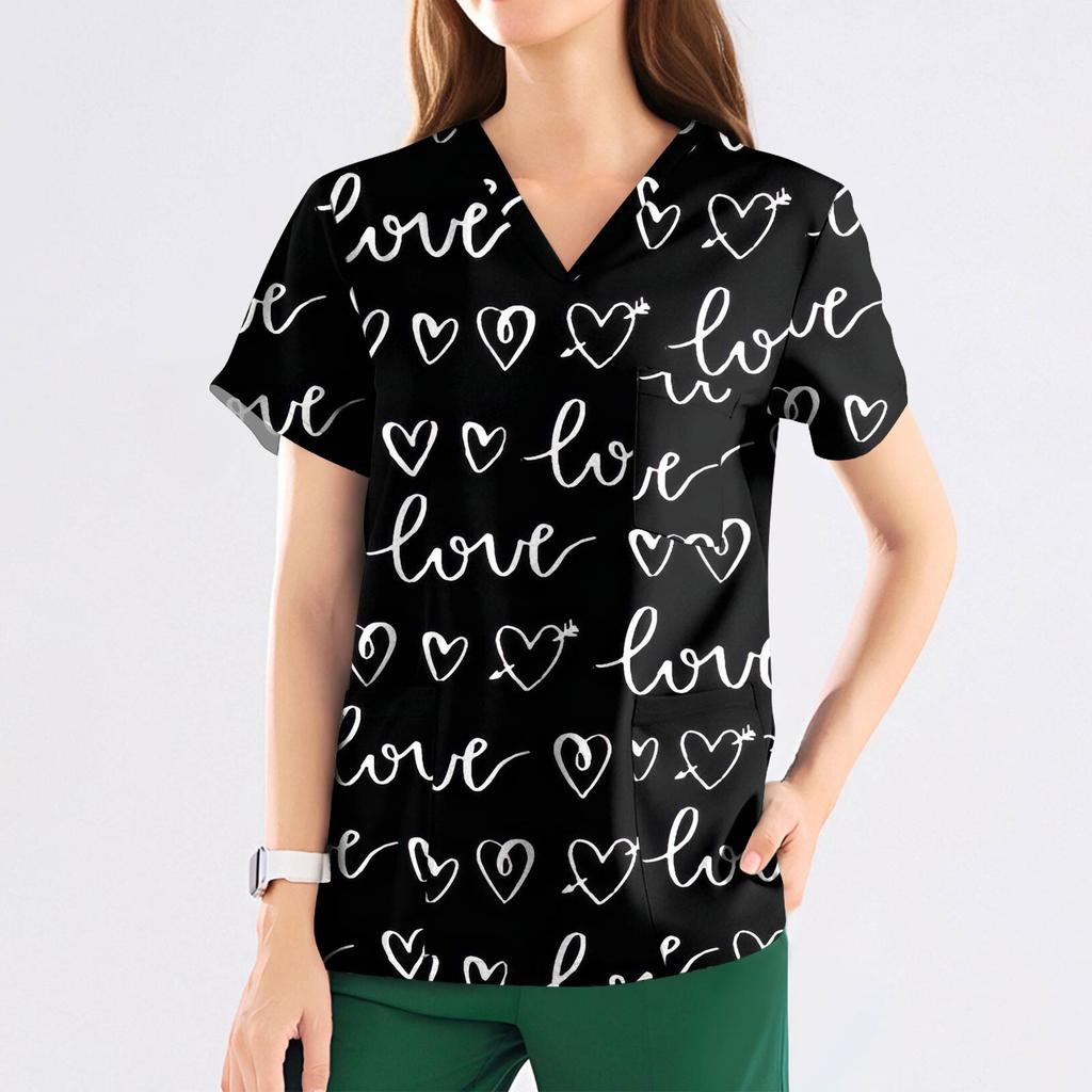 Women's Fashion Printed Short Sleeve V Neck Pattern Tops Pocket Working T-shirts