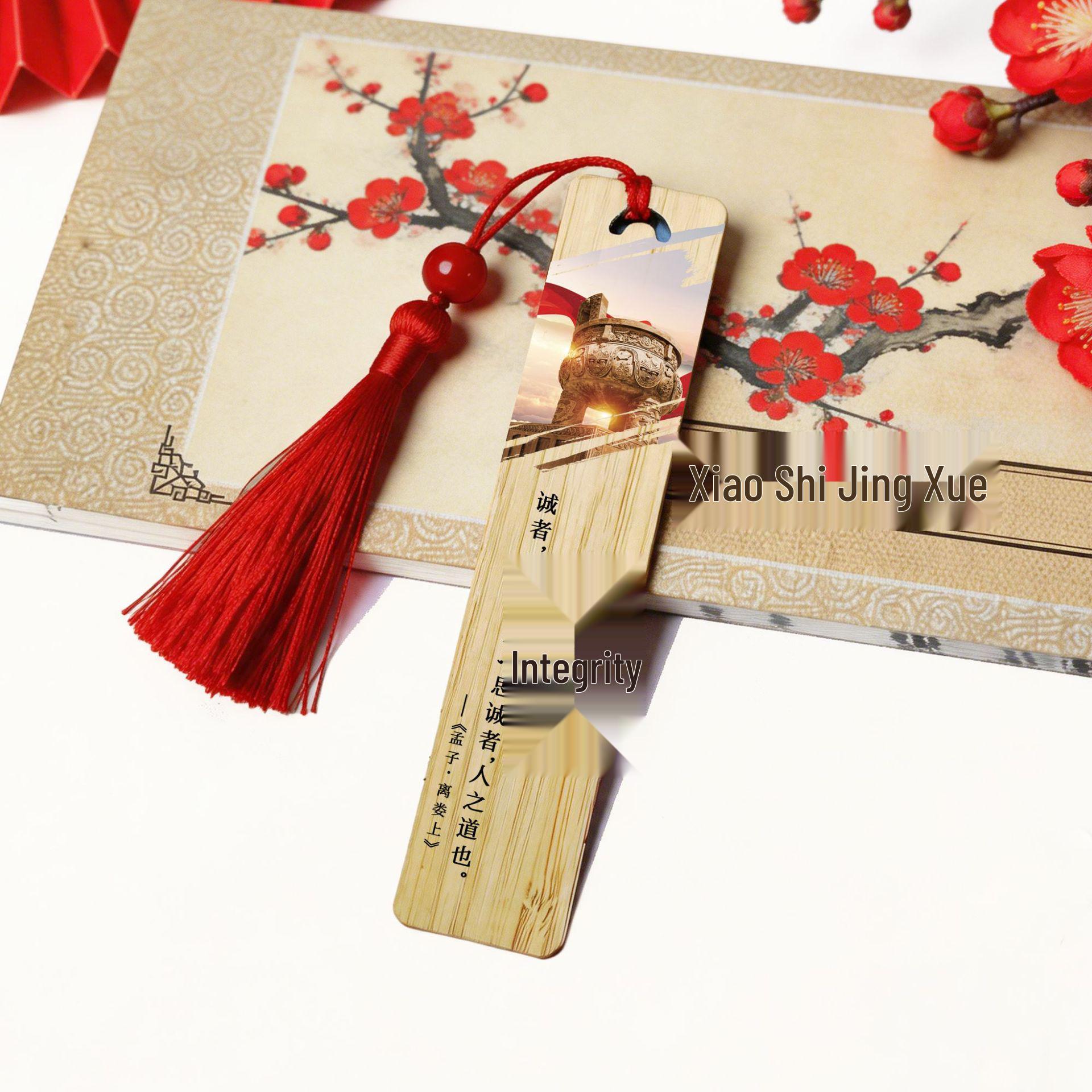 Bamboo Bookmark with Colorful Crystal Porcelain Painting - Ancient Style Ice Silk Pendant for Students