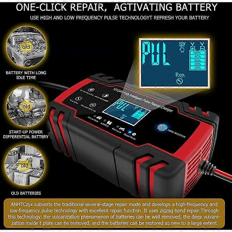 12V/24V 8A Intelligent Battery Charger, Battery Charger Maintainer and Automatic Repair Portable Function with LCD Display, for Car Motorcycle Truck, 