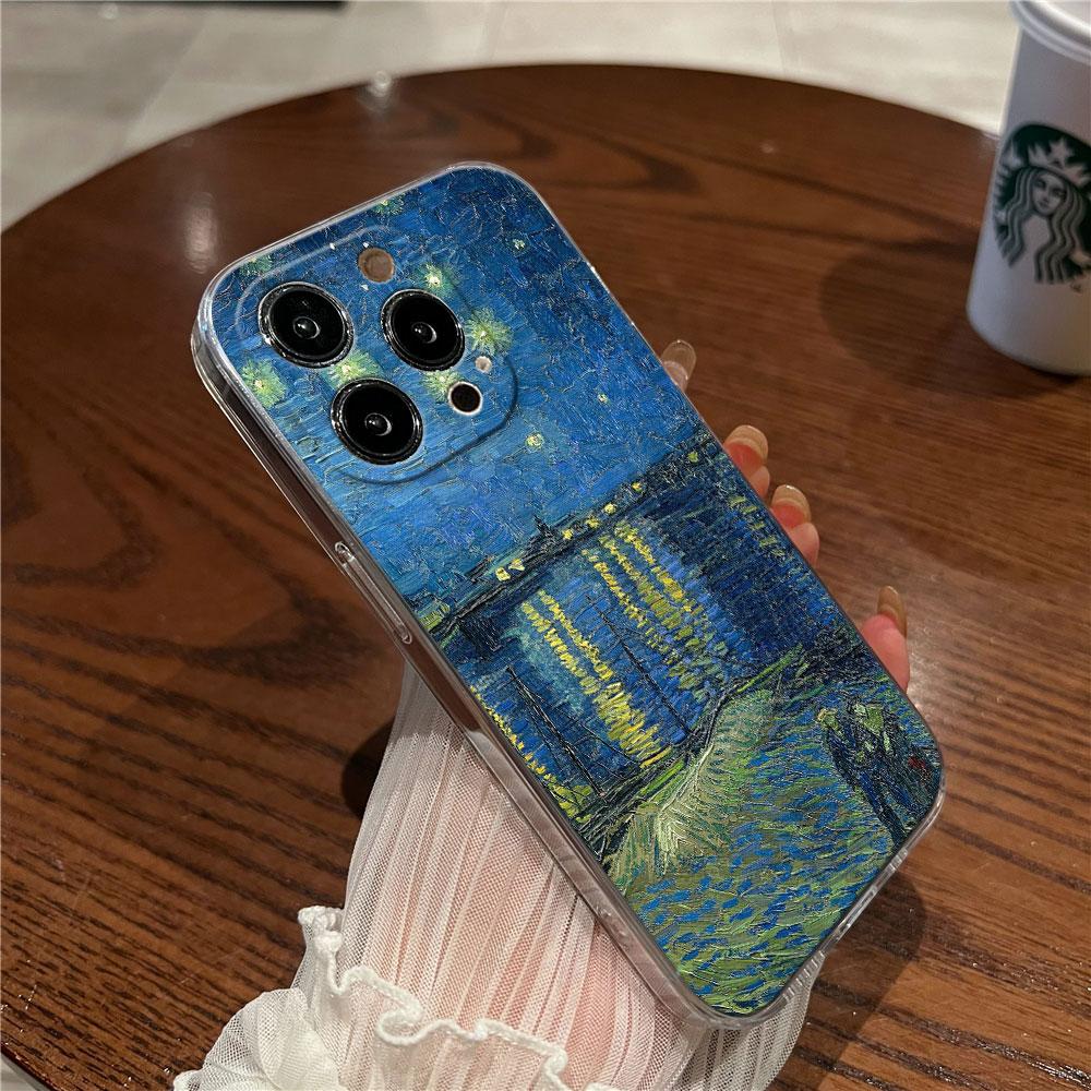 Van Gogh Painting Clear Phone Case For iPhone 15 14 11 12 13 Pro Max Mini XS XR 8 Plus Cover Cafe Terrace Starry Night Sunflower