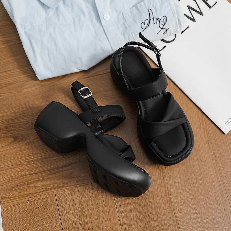 Thick-soled One-word Sandals Female Open-toe Soft-soled 2025 Summer New Fairy Style Versatile High-heeled Roman Muffin Shoes