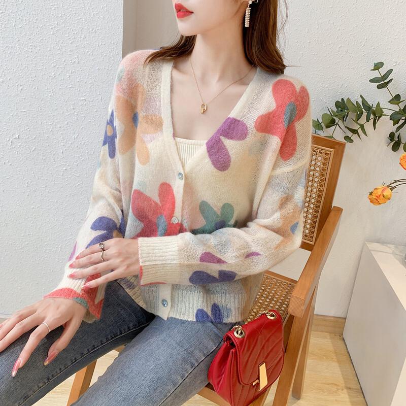 ITISF4 Damen V-Ausschnitt Cardigan aus Mohairmischung mit Blumenprint