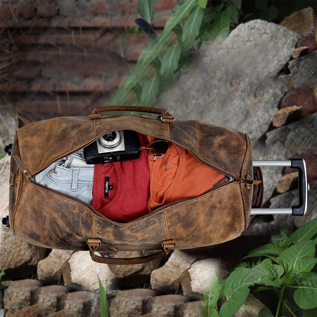 Handmade Leather Rolling Duffle Bag: 24-inch Travel Weekender