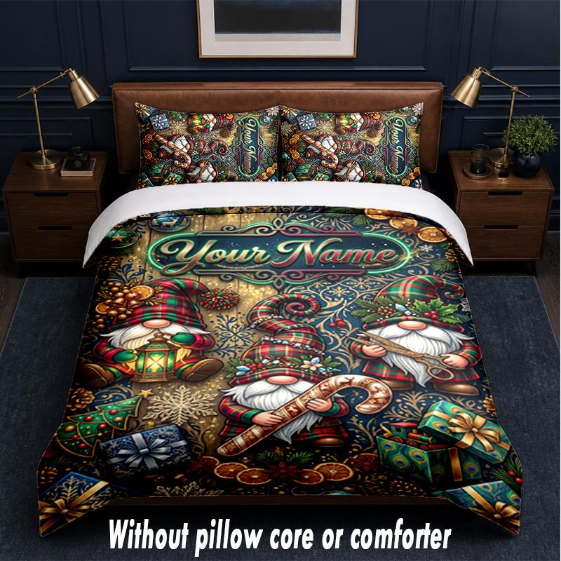 Gnome Theme Custom Text Or Name 3Pcs Bedding Set,1 Flat Sheet & 2 Pillowcases Personalized Home Bedding