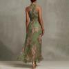 Women Floral Print Halter Neck Chiffon Maxi Dress Sleeveless Waist Pleated Long Dress Summer Vacation Style