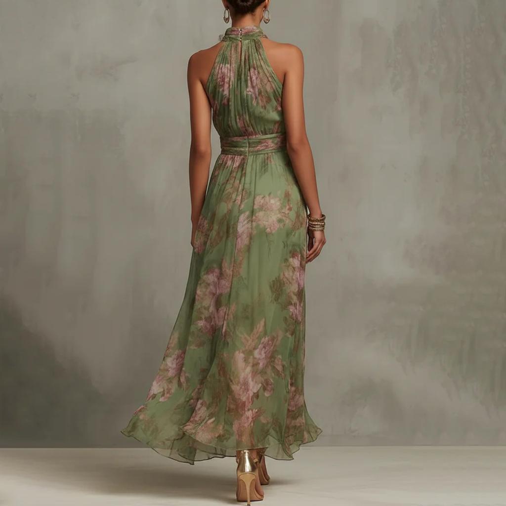 Women Floral Print Halter Neck Chiffon Maxi Dress Sleeveless Waist Pleated Long Dress Summer Vacation Style