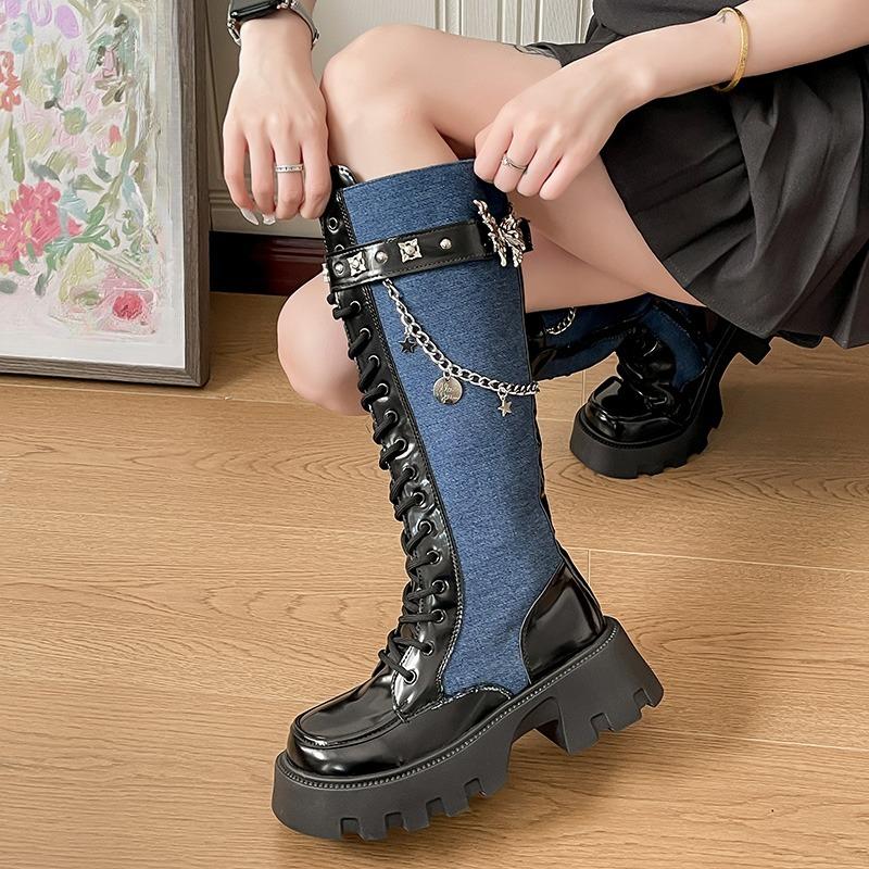 Fashion Butterfly Metal Chain Boots Women's Round Toe Colorblock Front Lace-Up Side Zipper Platform Block Heel Tall Single Boots
