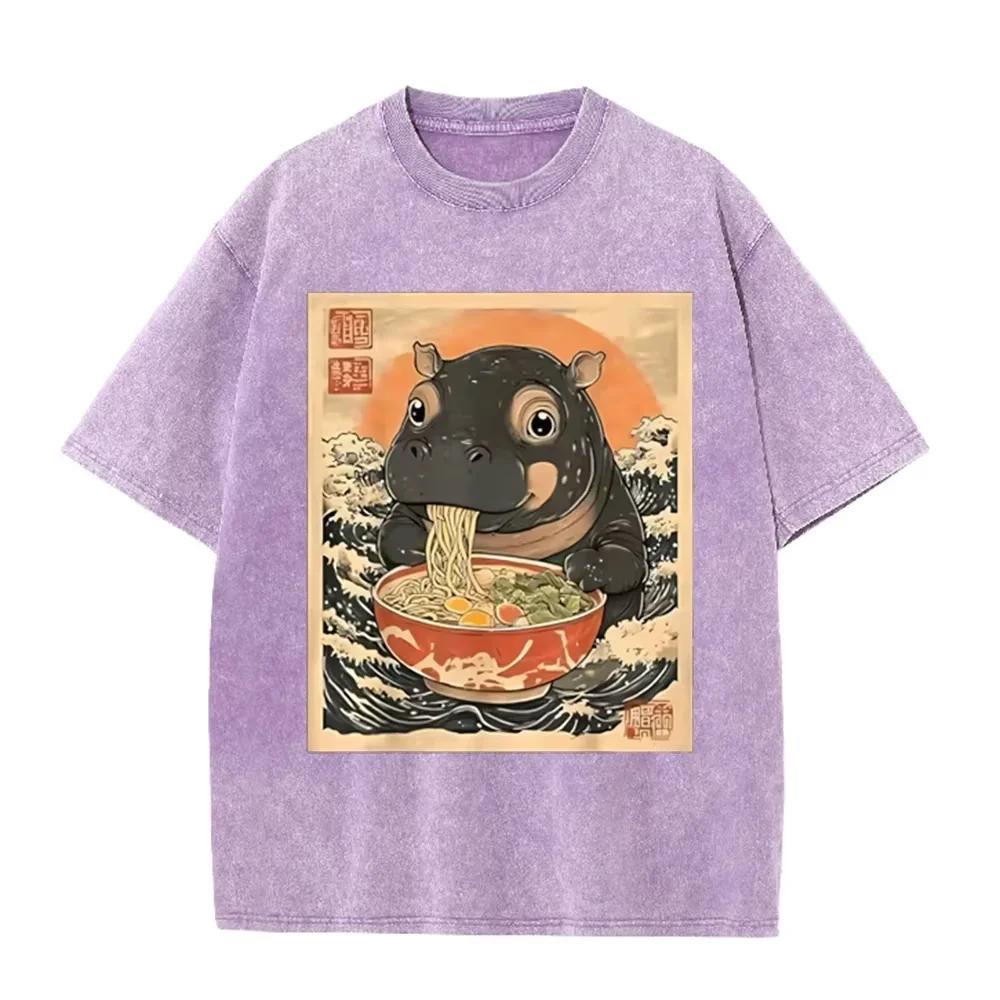 Retro Beige Cute Baby Hippo Noodle Art Acid Wash Oversized Funny Animal Streetwear Tee