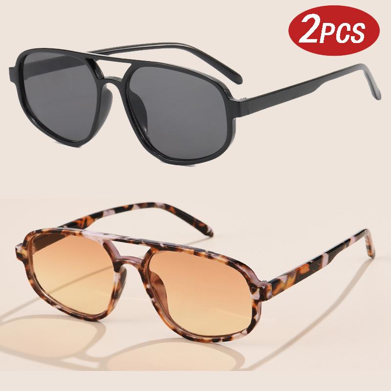 Motorcycle 2pcs Vintage Double Bridge Sunglasses Women Fashion Simple Light Square Sun Glasses Ins Trending Shades Eyeglass
