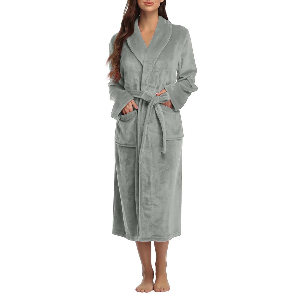 Damen Langer Revers Warmer Morgenmantel Hauskleidung Einfarbig Dick Bademantel Enganliegender Pyjama