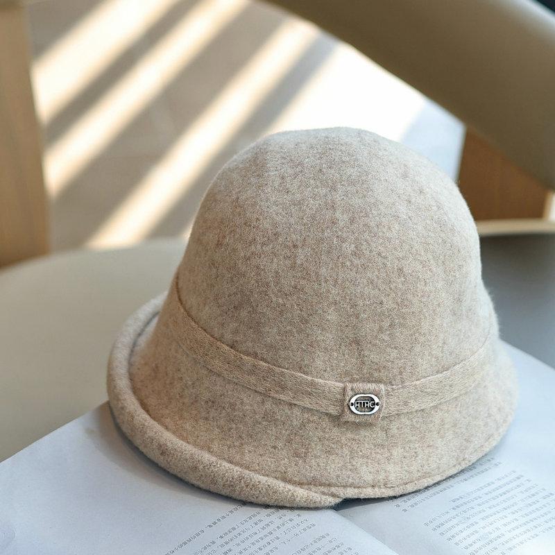 Pure Wool Bucket Hat Women's Winter New Retro Top Hat Curled Edge Shows the Face Small British Lady Basin Hat