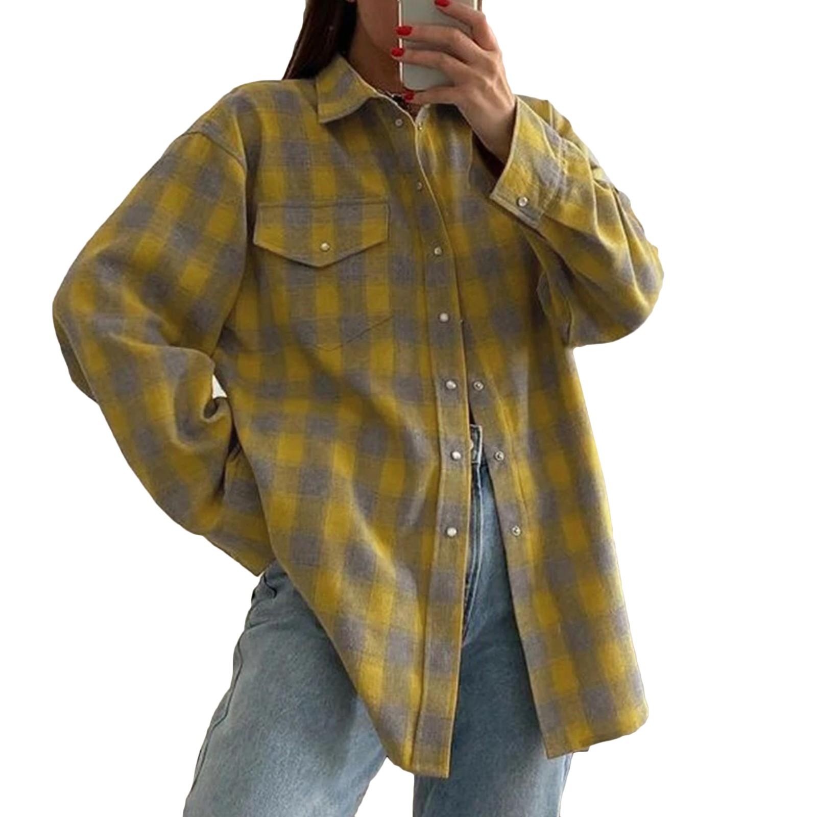

Осенняя клетчатая блузка с длинным рукавом и карманом, повседневная рубашка с длинным рукавом, верхняя куртка S жёлтый