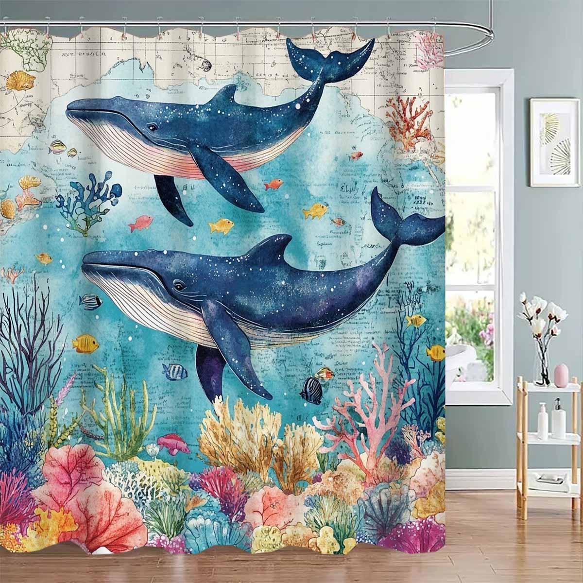 

1Pc A Collection Of Undersea Whale Motifs Shower Curtain - With 12 Hooks, Machine Washable, Suitable For Bathroom Decor And W60H190(CM)-1 Pcs