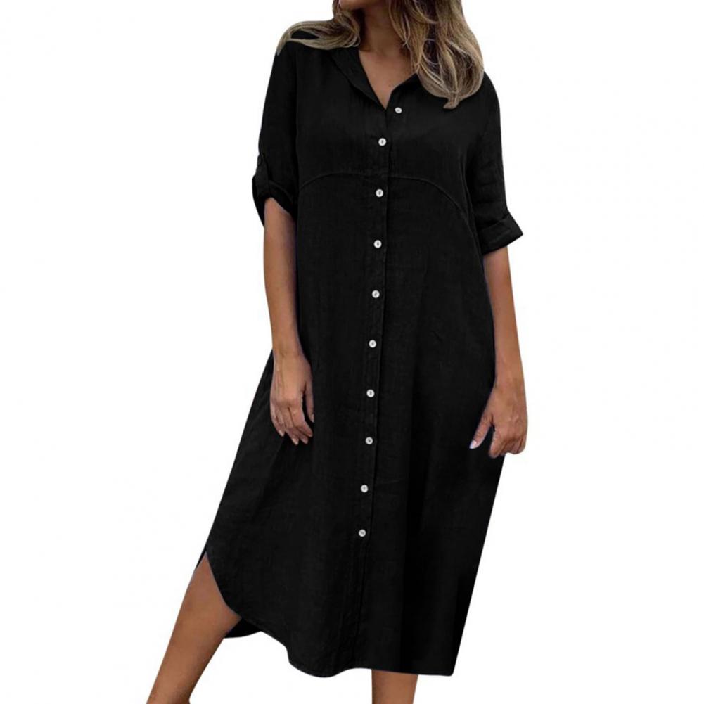 Summer Women Dress SIngle-breasted Half Sleeves Turn-down Collar Loose Solid Color Buttons Commute Daily Wear Midi Dress