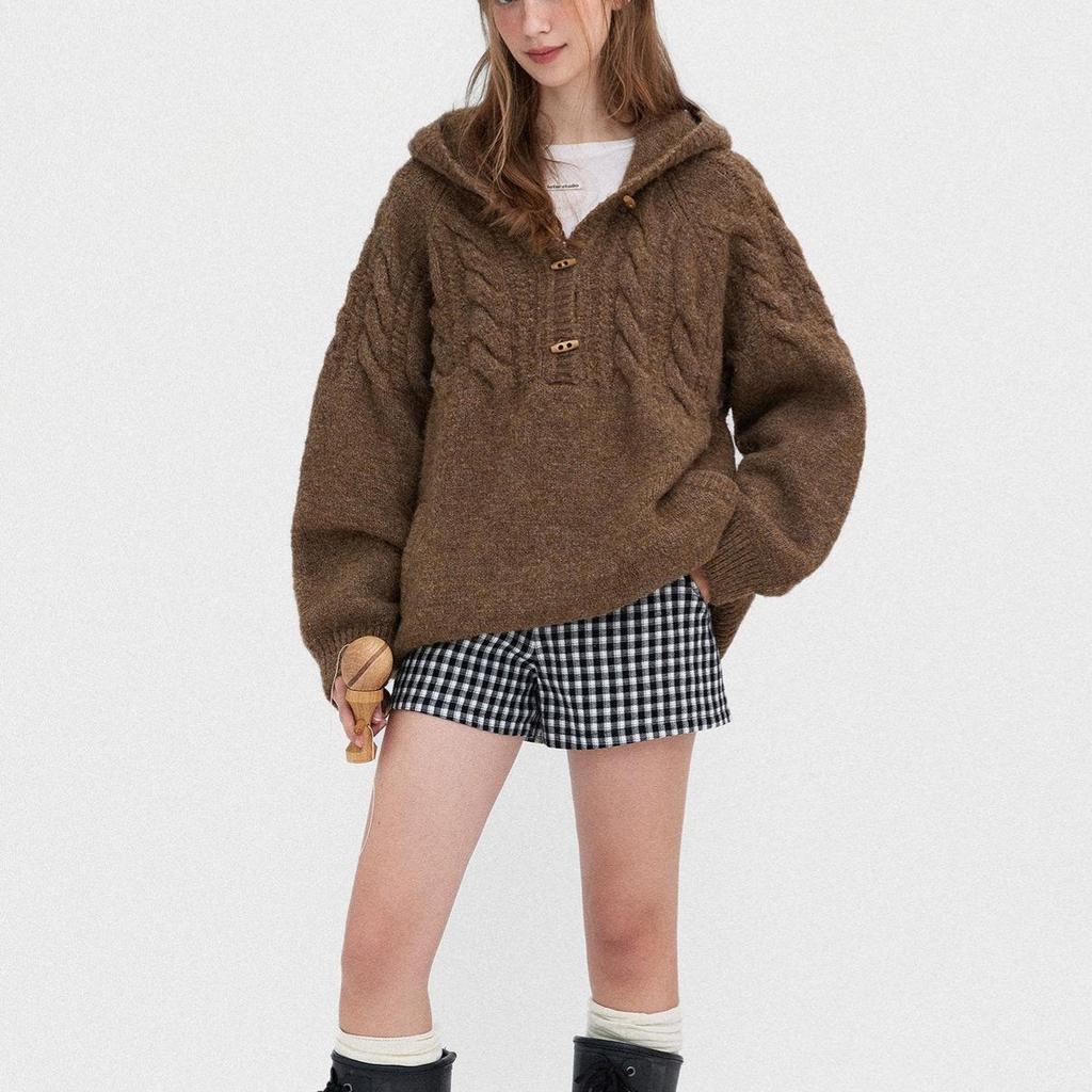 Women's Retro Wool Cable Knit Hooded Cardigan with Horn Buttons
