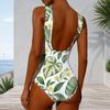 Women Plus Size High Round Neck Sleeveless One Piece Swimsuit White Tropical Leaf Floral Printed
