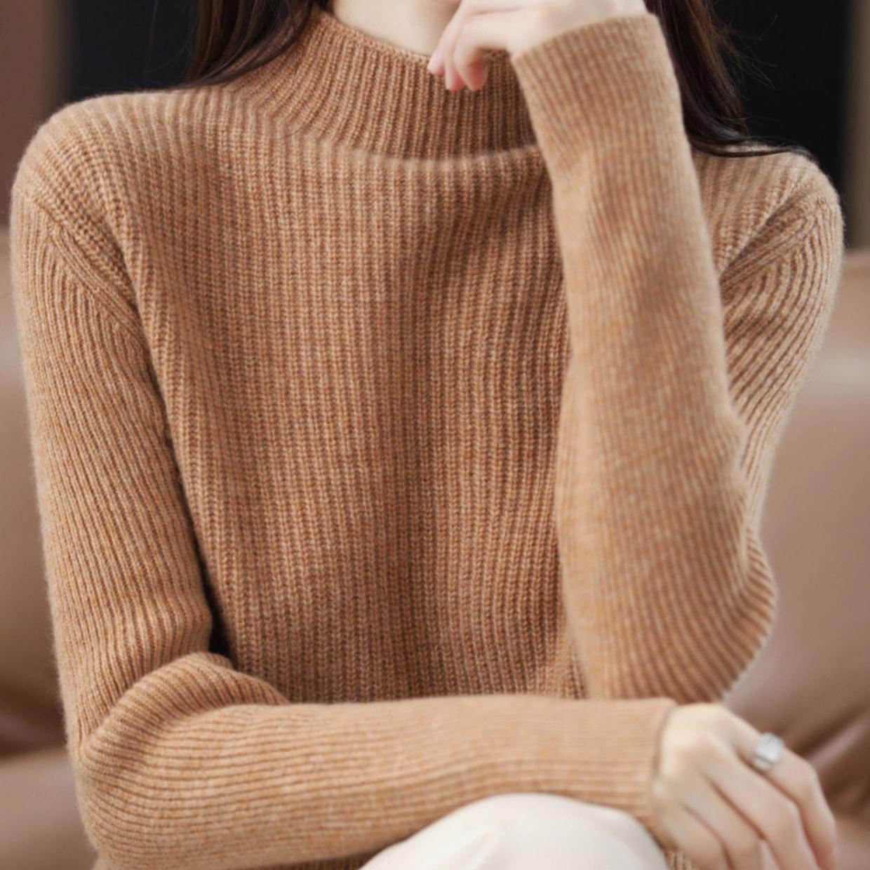 

Вязаный свитер женский ретро тонкий пуловер повседневный длинный рукав полувысокий ворот свитер осень и зима XL хаки