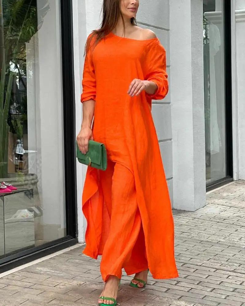 Summer Women Fashion Casual Cotton Linen Suit Irregular Long Sleeve Wide Leg Pants Two-piece Suit Plus Size