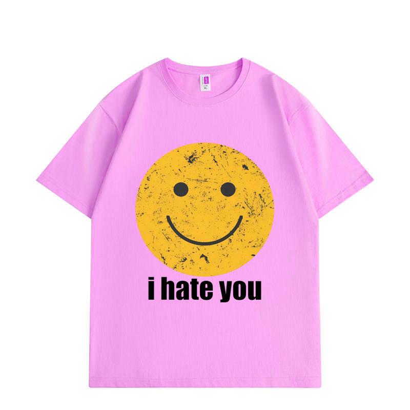 Distressed Smiley I Hate You Funny Meme Tshirt High Quality Fashion Oversized T Shirts Unisex Women Summer Casual Cotton Tshirts