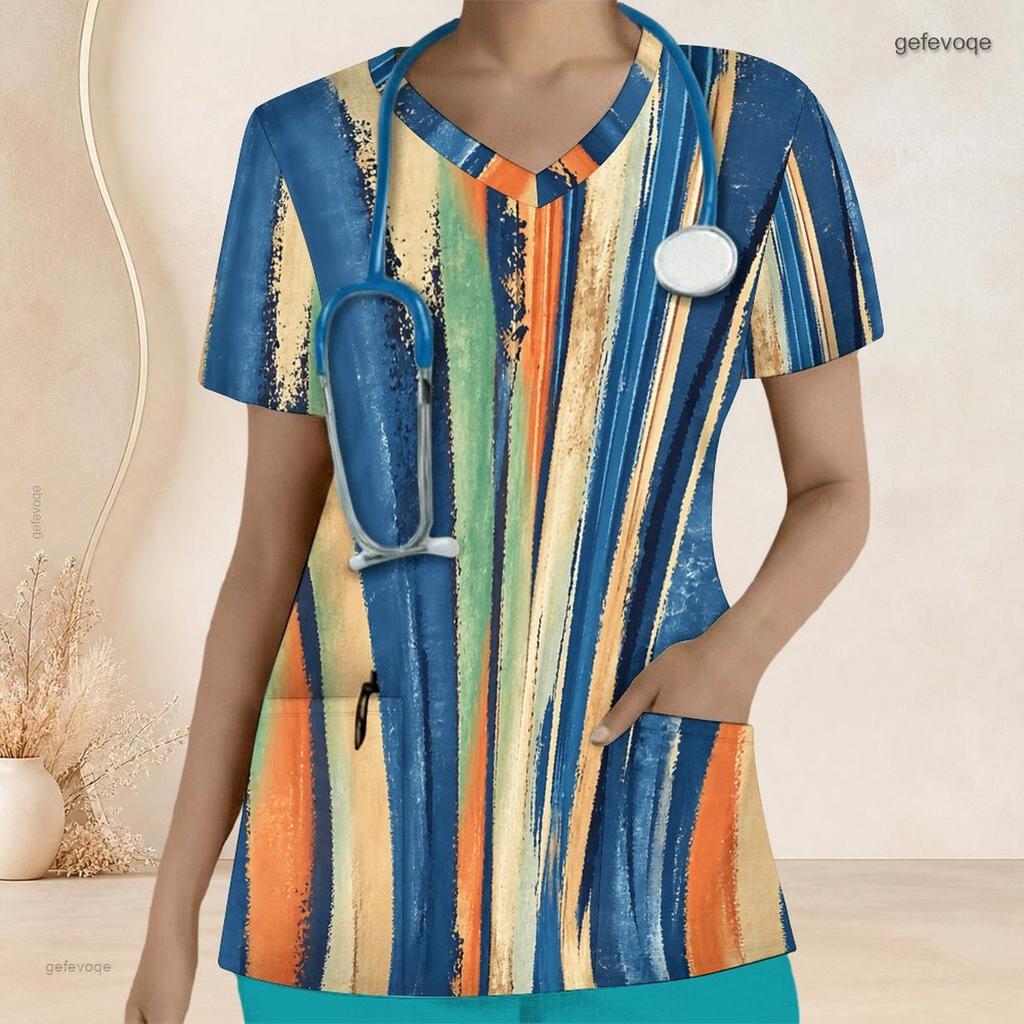 Women Plus Size Printed Nurse Scrub Top V Neck Short Sleeve With Front Pockets