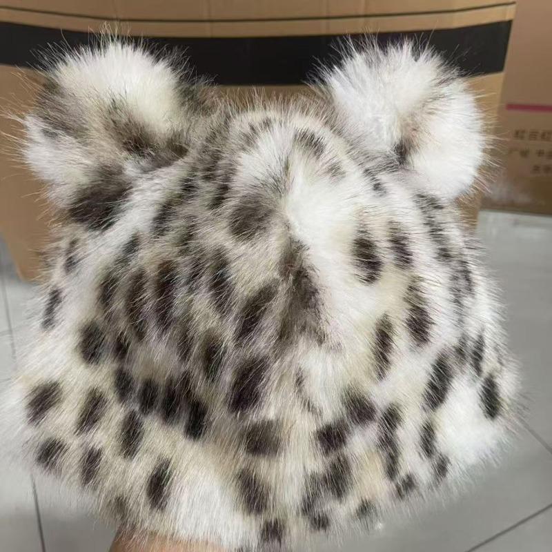 

Autumn and Winter Leopard Print Fashion Fisherman Hat Women Cute Little Bear Ear Thickened for Keep Warmth Ear Protection No Eaves Hat
